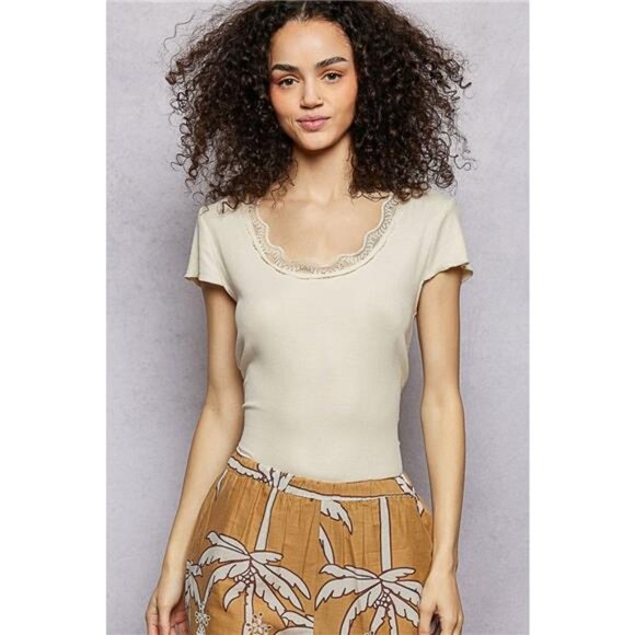 POL Tops - POL Round Neck Short Sleeve Crop T-Shirt‎ with Lace Trim